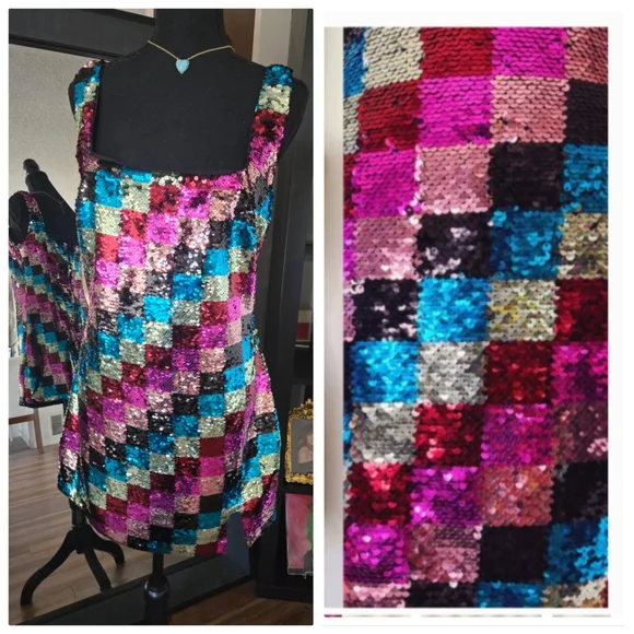 NASTY GAL Sequin Colorful Checkerboard Mini Dress Size 8 - Picture 6 of 14